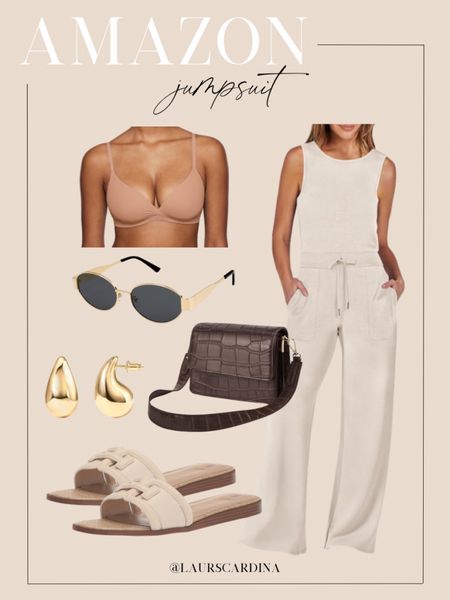 I’m loving this Amazon jumpsuit paired with a nude bra, wire rimmed sunglasses, a brown crossbody bag, gold teardrop earrings, and beige slide sandals. 

Ootd, Amazon outfit, spring outfit, resort wear, travel outfit 

#LTKstyletip #LTKshoecrush #LTKfindsunder50