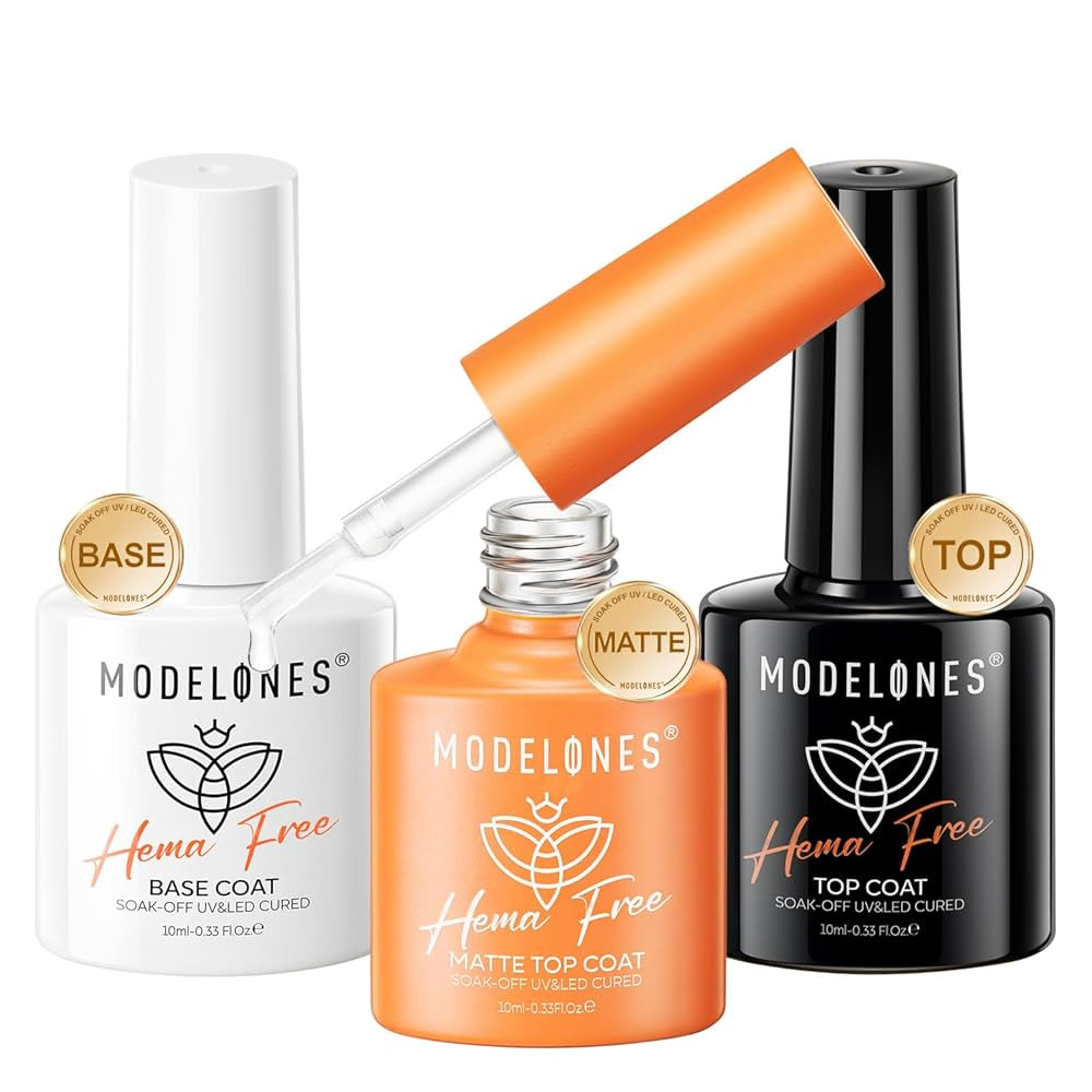 modelones Hema-Free Gel Top and Base Coat Set, 3 Pcs Clear Glossy Velvet Matte Base Top Coat No W... | Amazon (US)