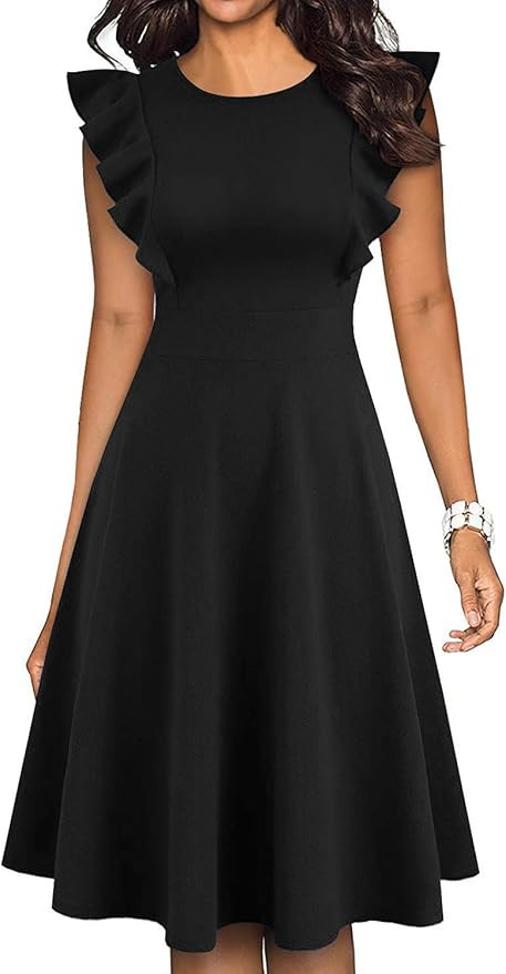 IHOT Women's Vintage Ruffle Floral Flared A Line Swing Casual Cocktail Party Dresses with Pockets | Amazon (US)