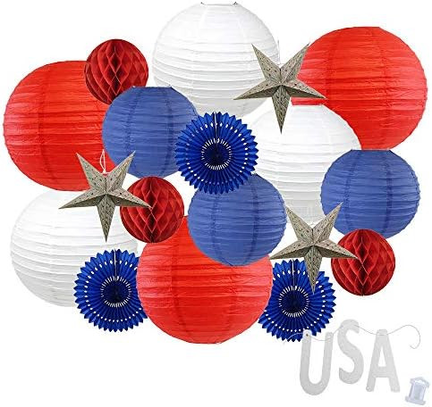 Just Artifacts 12pc 4th of July Assorted Paper Lanterns w/ 3pc Silver Glitter Garland Letters (St... | Amazon (US)