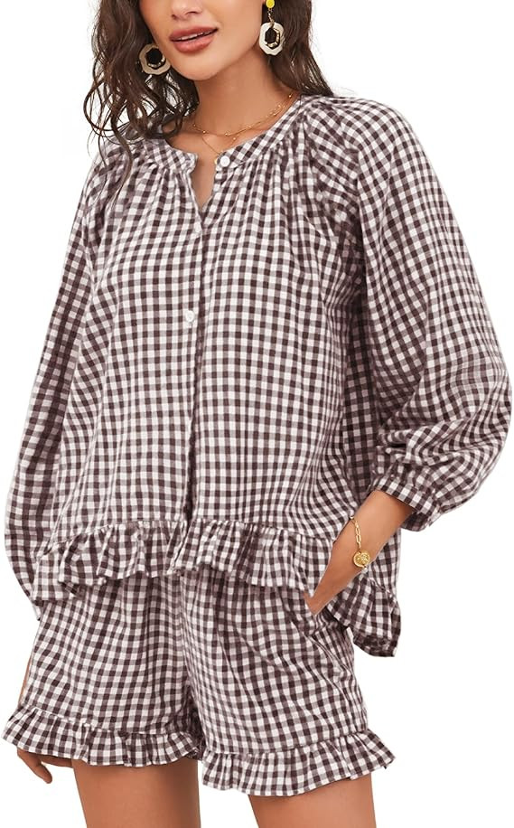 Flygo Women Gingham 2 Piece Pajama Sets Y2K Plaid Ruffle Short Sets Raglan Sleeve Shirt Lounge Sh... | Amazon (US)