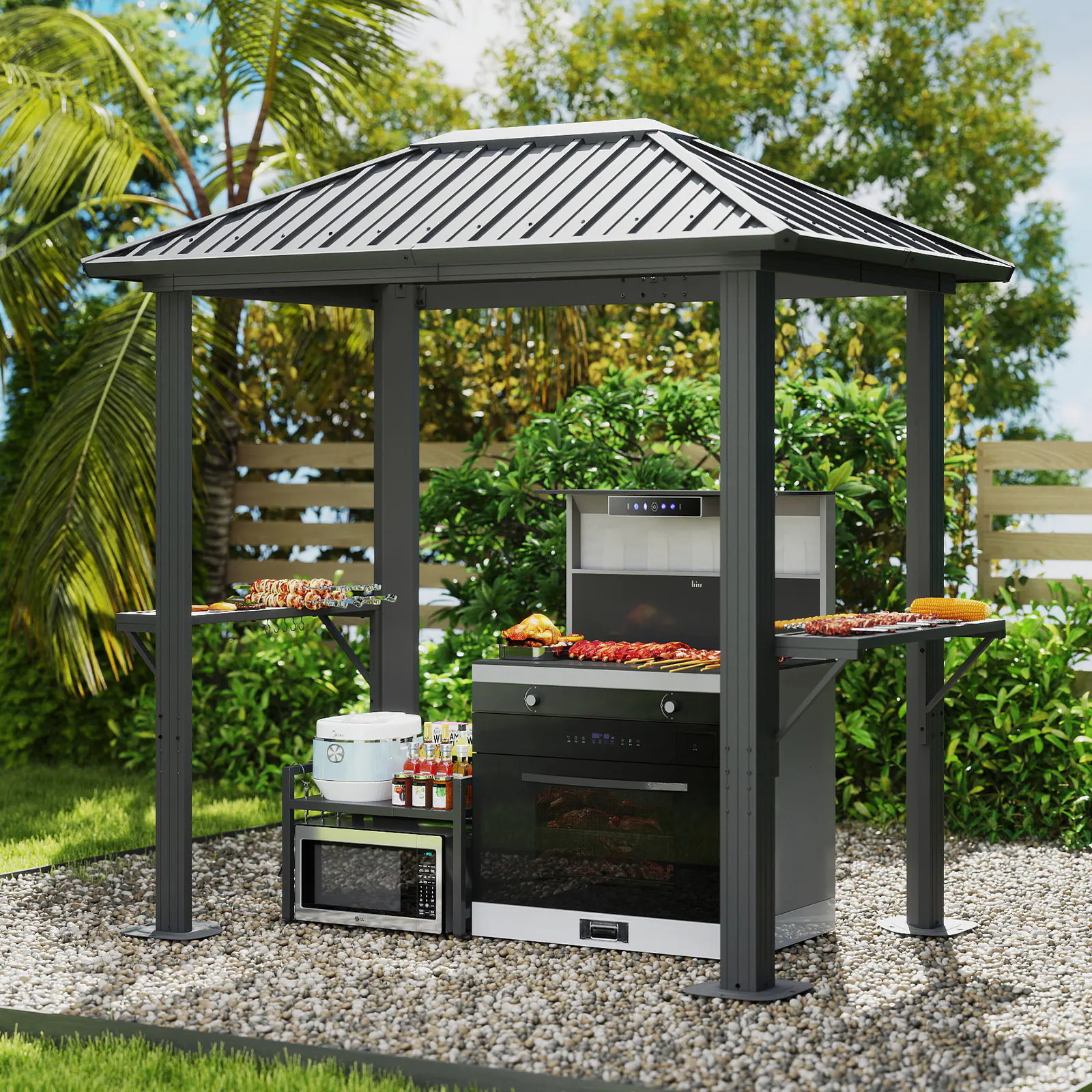 AOXUN Grill Gazebo 8 x 5FT Aluminum BBQ Gazebo with Steel Top with Shelves for Lawn Patio Garden | ZZ-GB080520-G | Lowe's