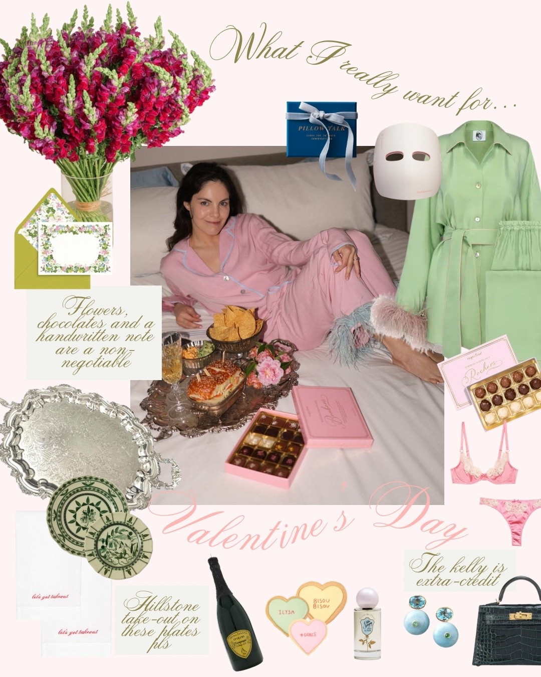 Want I truly want for Valentine’s Day—takeout in bed, served on an ornate silver platter. 


Valentine’s Day Gifts for her | fancy chocolate box | pink chocolate box | bonbons | chic pajamas | champagne candle | feminine stationery | kelly bag 

#LTKselfcare #LTKHome #LTKValentine