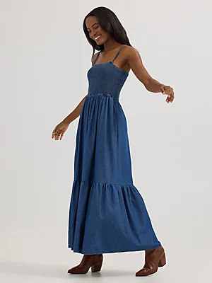 Women's Smocked Bodice Denim Maxi Dress in Midnight | Wrangler