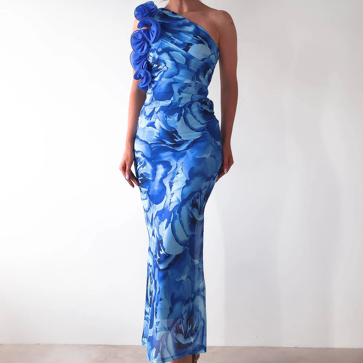 Genie Ruffle Printed Maxi Dress | Blue | Oh Hello Clothing
