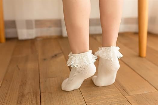 Toddler Girls Ruffle Lace Trim Cotton Socks Eyelet Frilly Dress Socks 5 -Pack | Amazon (US)