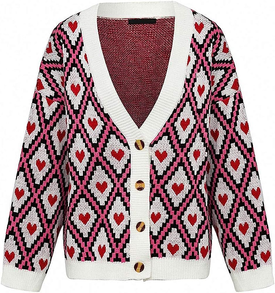 Xileg Heart Print Knitted Cardigan Women Single Breasted Female Sweater Cardigan Autumn Winter Ov... | Amazon (US)