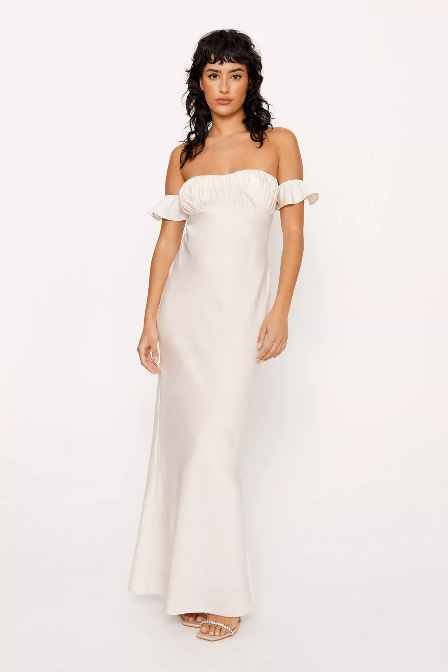 Satin Ruched Bust Bardot Maxi Dress | Nasty Gal (US)