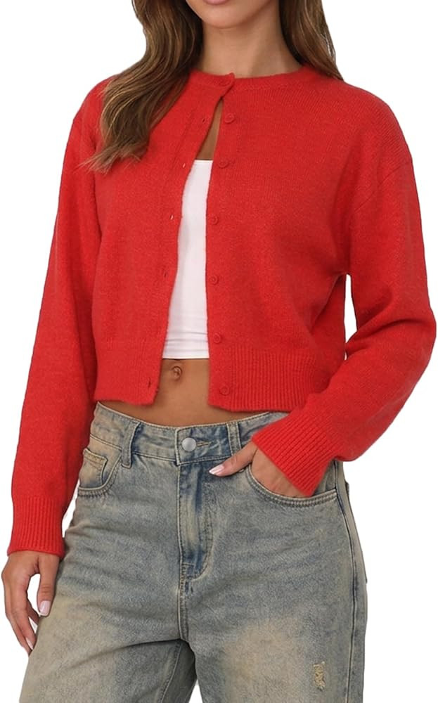 Women Y2K Button Front Crop Sweater Cardigan Solid Color Crew Neck Long Sleeve Knit Fall Tops Str... | Amazon (US)
