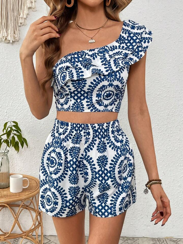 SHEIN VCAY Women's Printed One Shoulder Ruffled Crop Top And Shorts Two Piece Set | SHEIN