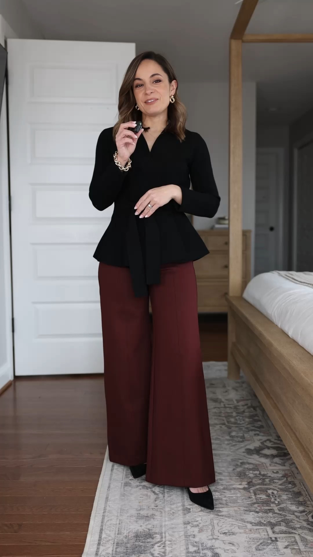 Burgundy pants styled four ways for work! 

These ponte pants are stretchy and comfortable. They come in three color options and in petite have a 10” rise and a 29” inseam (works best with heels for me). I recommend a size up for the best fit! If you base your sizing off of mine I would go with petite xs. 

Outfit 1 
Top (Aritzia): xxs - sleeves are cuffed under 
Earrings (LOFT)
Heels (Sam Edelman): tts - will also link boots 
Bag (J.Crew): but sold out 

Outfit 2 
Top (J.Crew): xxs 
Scarf (similar linked) 
Heels (Sam Edelman): tts 

Outfit 3 
Sweater (Quince): xs in oatmeal 
Wrap (Quince): xs in oatmeal 
Shoes (Sam Edelman): tts in French sand 

Outfit 4 
Blazer (Ann Taylor): petite 00 - sold out at the moment 
Turtleneck (Nordstrom): xxs - sheer 
Heels (Sam Edelman) 

My measurements for reference: I’m 4’10” and 105lbs. My bust, waist, and hip measurement is 32”, 24”, and 36”.

#LTKWorkwear #LTKPetite
