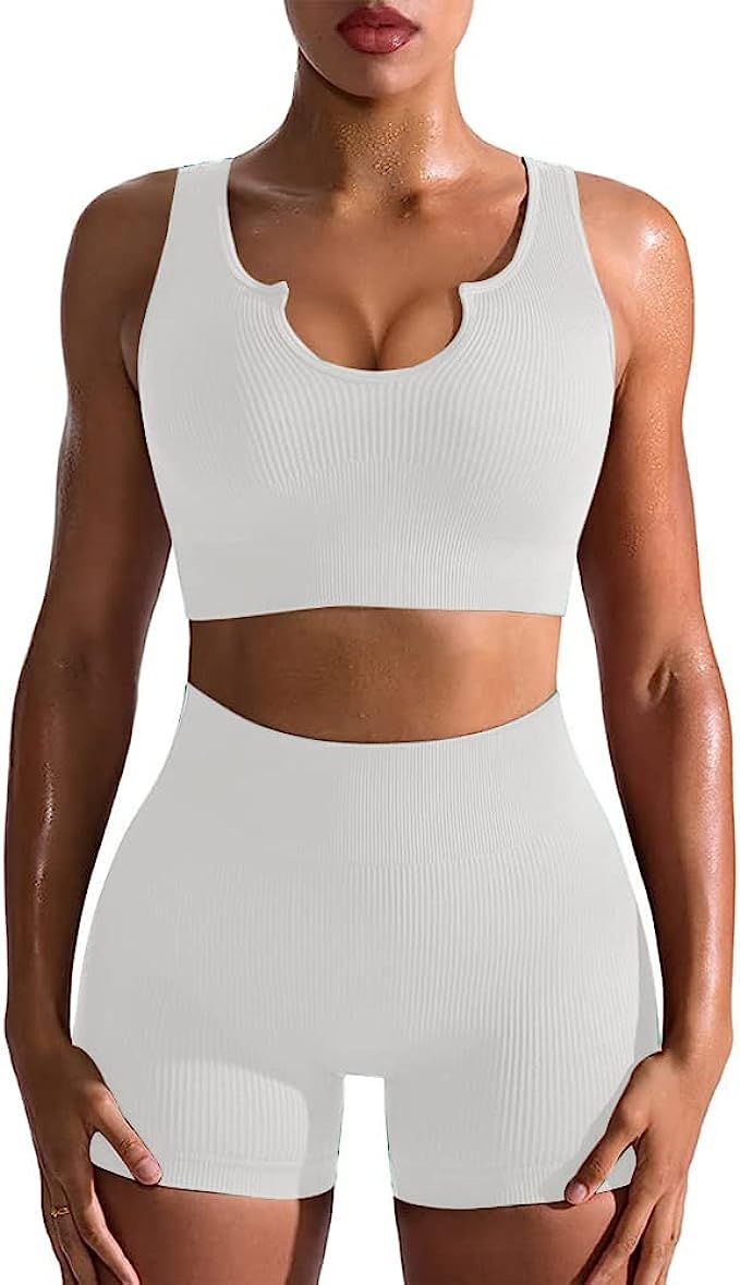 YVYVLOLO Workout Sets for Women 2 Piece Seamless Ribbed Sports Bra High Waist Yoga Shorts Outfits | Amazon (US)