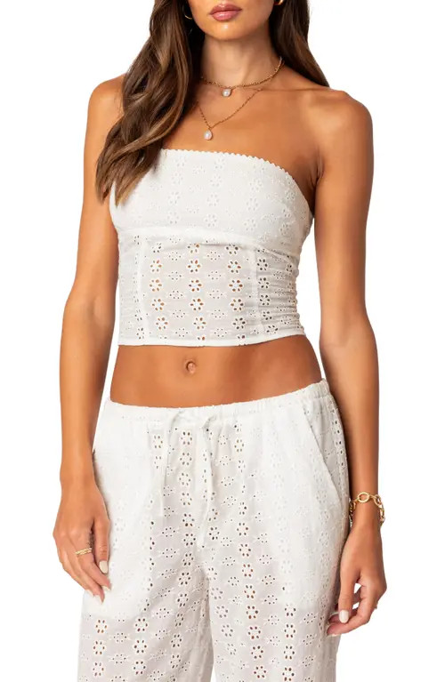 EDIKTED Lemon Eyelet Lace-Up Corset Crop Tube Top in White at Nordstrom, Size Large | Nordstrom