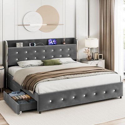King Upholstered Storage Bed, Black Velvet - Nailhead Trim Headboard, 4 Storage Drawers, No Box Spring Required | Target