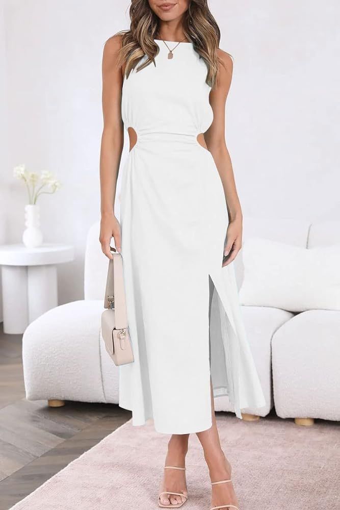 Womens Cutout Split Linen Cotton Sleeveless Slit Maxi Dress | Amazon (US)