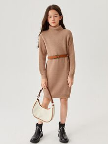 Girls Turtleneck Drop Shoulder Ribbed Knit Sweater Dress Without Belt
   SKU: sk2207074234233593 ... | SHEIN