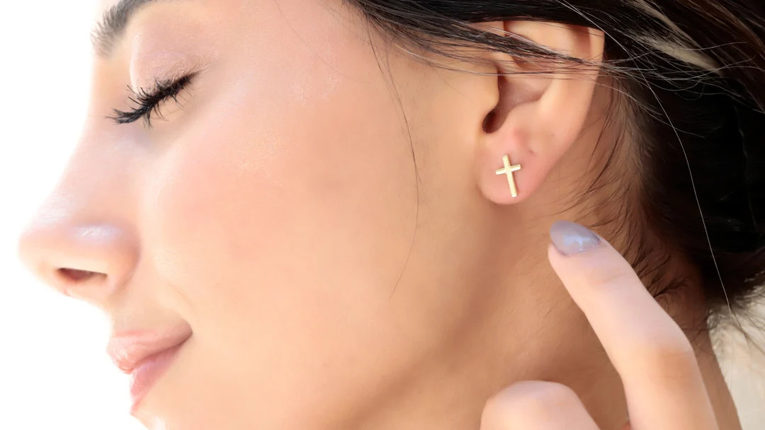 14K Gold Stud Cross Earrings, Minimalist Delicate Cross Jewelry by Necklacedreamworld, Perfect Bi... | Etsy (US)