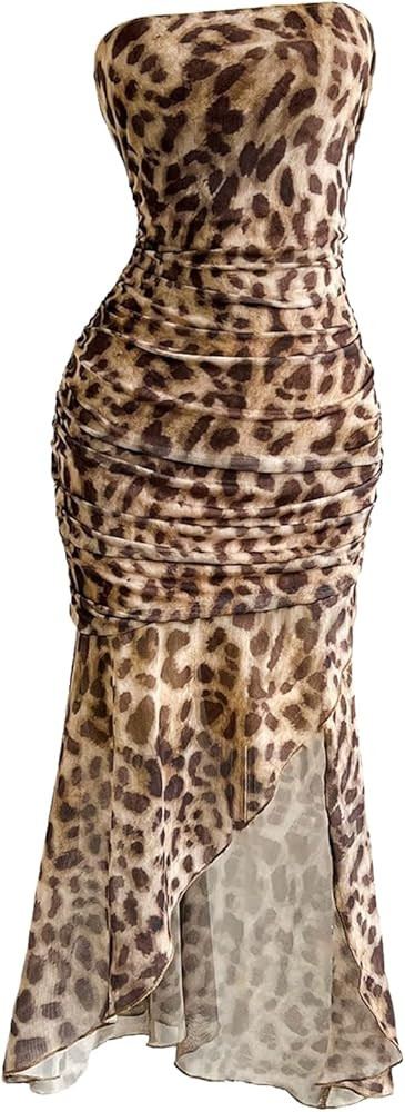 Milumia Women's Leopard Print Strapless Bodycon Maxi Dress Backless Sleeveless Ruffle Tube Dresse... | Amazon (US)