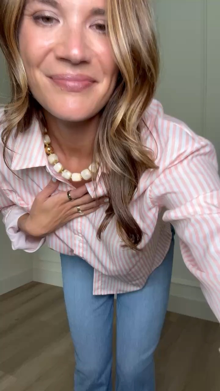 This is such a timeless easy outfit that still feels really pulled together. The soft pink striped button down adds a classic elevated touch while the relaxed denim keeps it casual and wearable for every day. It’s the kind of look you can throw on for errands, travel days, or lunch and still feel instantly styled without overthinking it.

pink striped button down, oversized striped shirt, relaxed denim jeans, casual summer outfit, effortless everyday style, elevated basics, mom style fashion, easy chic outfit, light wash denim outfit, spring summer wardrobe, classic casual look, StangandCo

#LTKootd #LTKTall #LTKSeasonal