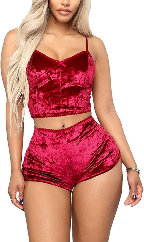 Angsuttc Women's Velvet 2 Piece Outfit Spaghetti Strap Sleeveless Crop Top+ Shorts Set | Amazon (US)