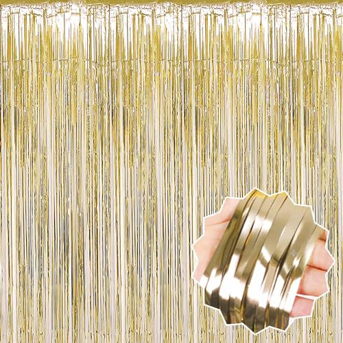 6 Pack Light Gold Foil Fringe Curtains Backdrop, 3.28 x 8.2 Ft Metallic Streamers Tinsel Curtains... | Amazon (US)