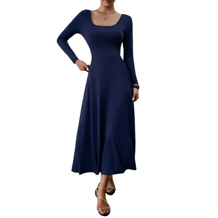 Women Long Dress Long Sleeve Dress U Neck Solid Fall Swing Dress | Walmart (US)