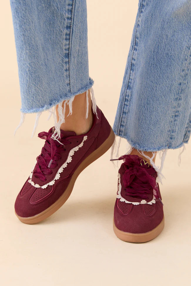 Tiffany Wine Lace Trim Sneakers | Pink Lily