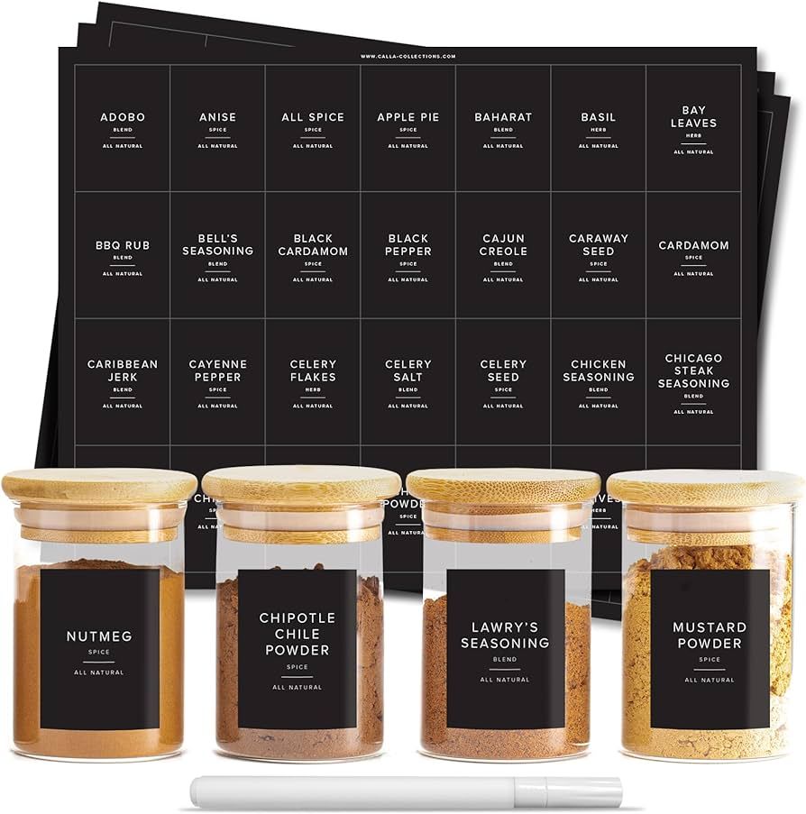 Calla Collections Spice Jar Labels - 230 Minimalist Waterproof Stickers | Black Labels for Round ... | Amazon (US)