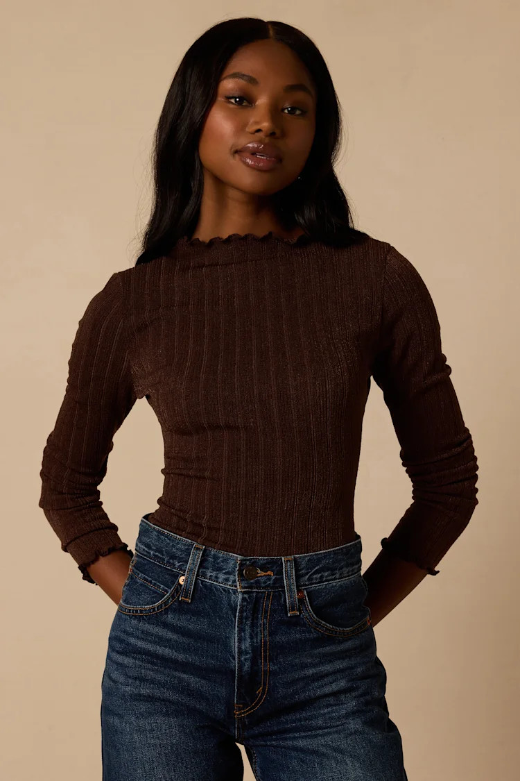 Charmed Vibes Dark Brown Ribbed Lettuce Edge Long Sleeve Top | Lulus