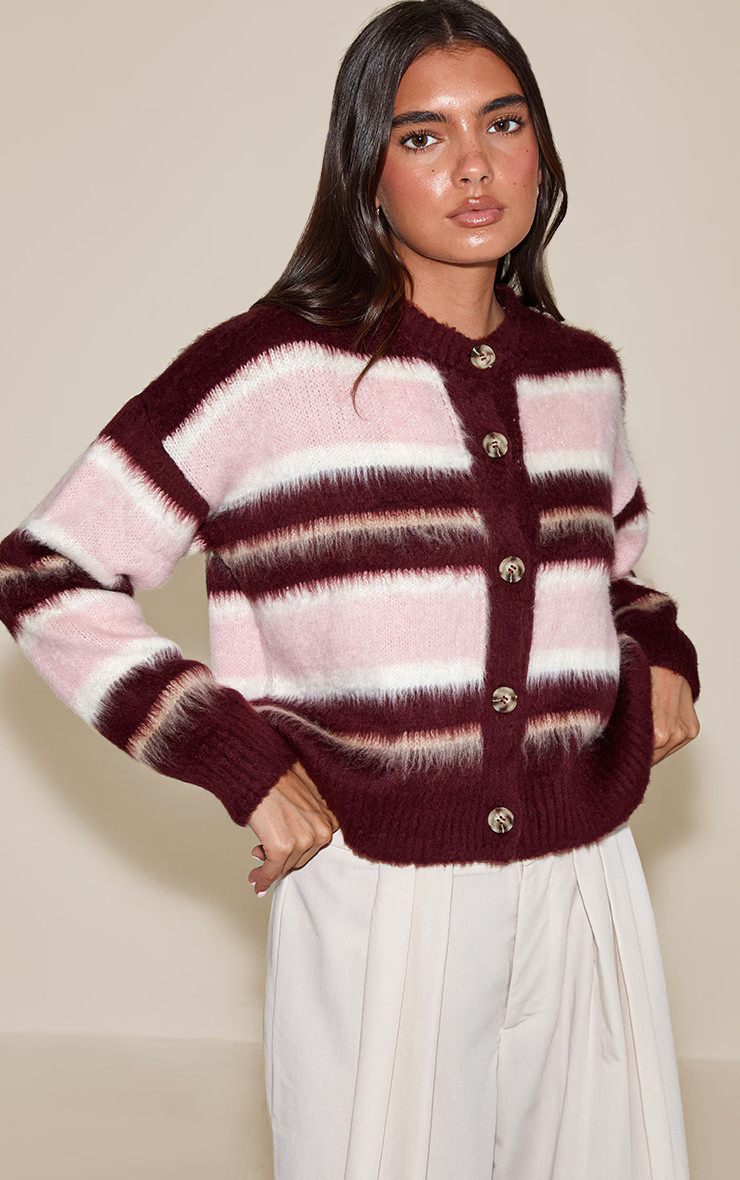 Burgundy Striped Brushed Knit Cardigan | PrettyLittleThing UK