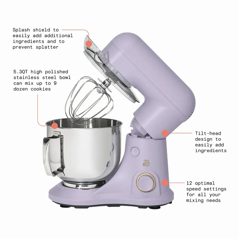 Beautiful 5.3 Qt Stand Mixer, Lavender with Flat Beater, Dough Hook, Balloon Whisk | Walmart (US)