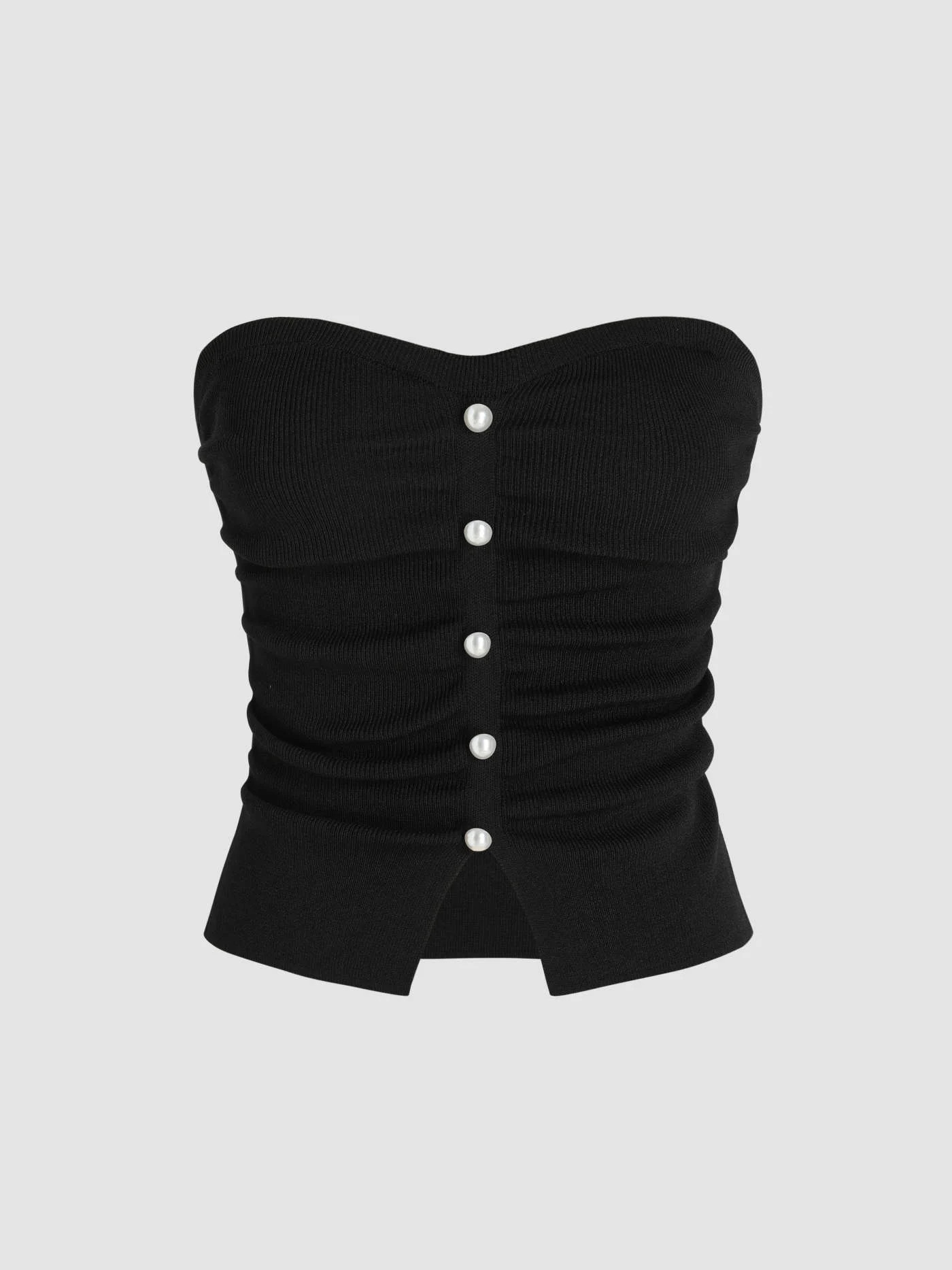 Faux Pearl Split Ruched Knit Crop Top | Cider