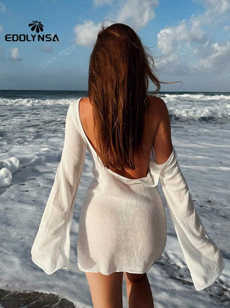 Sexy Backless Bell Sleeve Summer Seaside Women's Solid Knit Beach Mini Dress 2025 See-Through Short Dress Swimwear Cover Up | SHEIN
