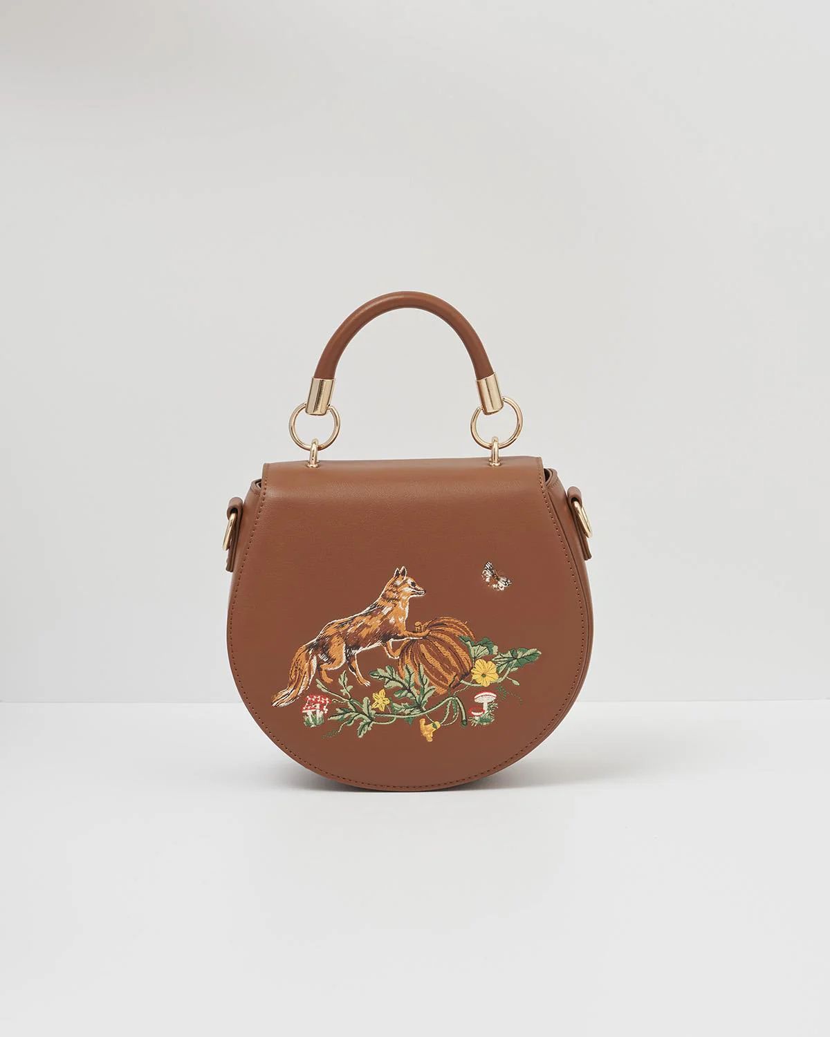 Fox & Pumpkin Embroidered Tan Saddle Purse | Fable England