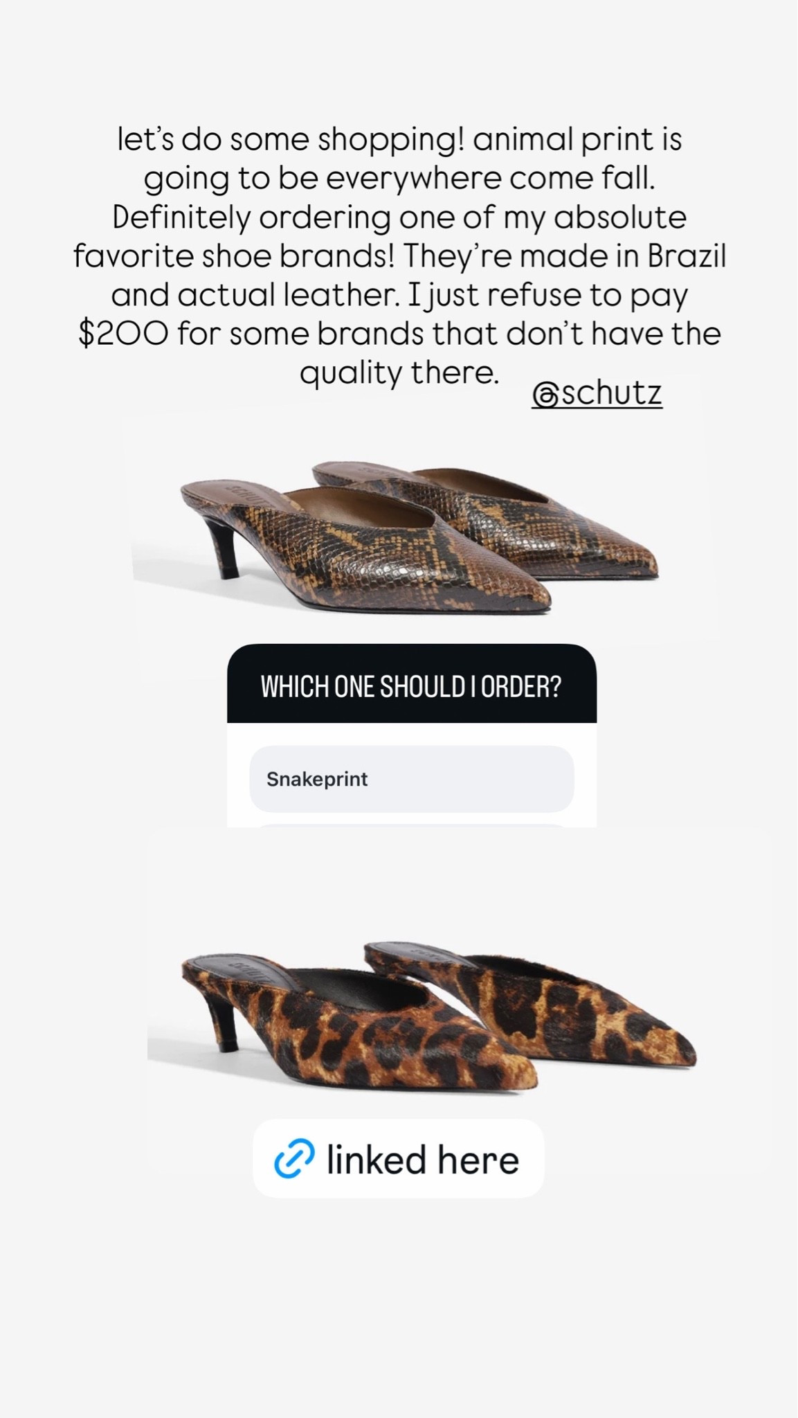 Animal print for fall! 

Snakeprint mule kitten heels 
Leopard mule kitten heels 
Affordable leather shoes 
@Schutz

#LTKootd #LTKSeasonal #LTKgrwm