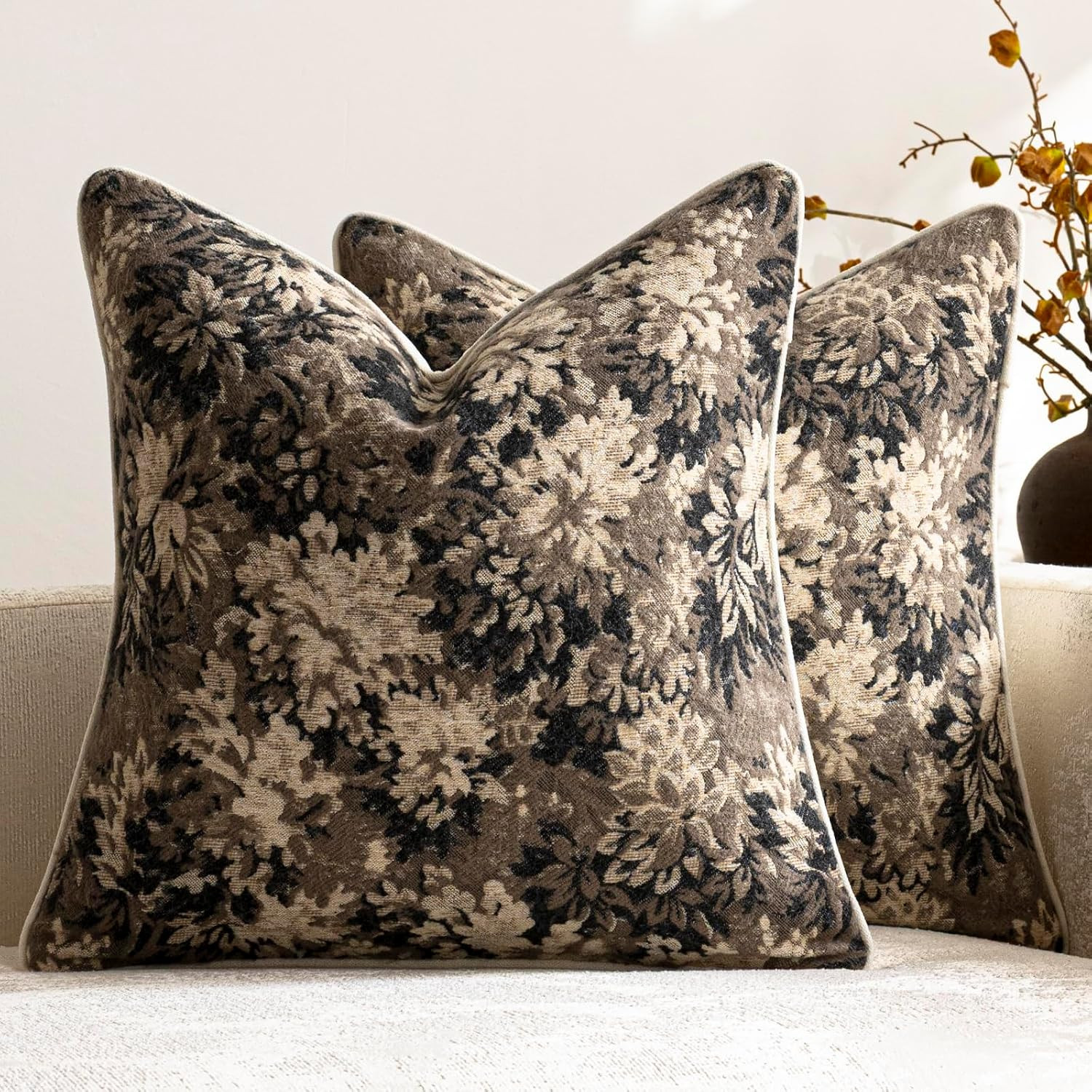 Pack of 2 Vintage Floral Throw Pillow Covers 22x22 Boho Farmhouse Accents Chenille Square Decorative Pillow Cases for Living Room Couch Bed Home Decor, Taupe | Amazon (US)