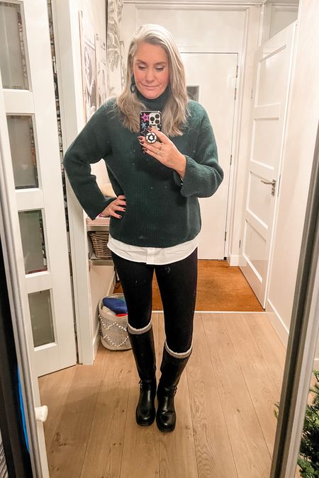 Ootd - Monday. Back to work wearing a wool green sweater over a white buttondown shirt paired with thermal leggings (fleece lined), knee socks (old) and high biker boots (van haren)



#LTKover40 #LTKeurope #LTKstyletip