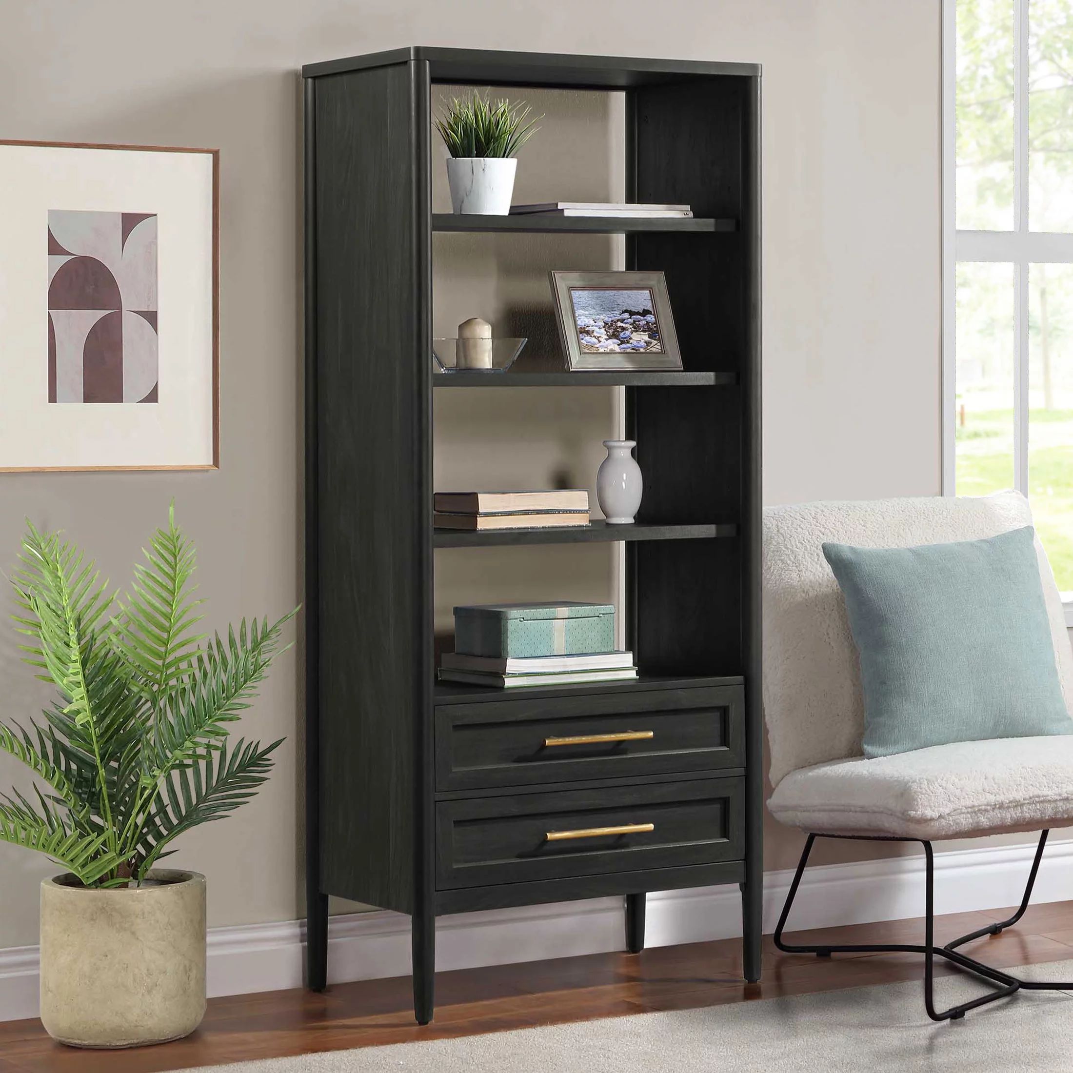 Better Homes & Gardens Oaklee 4-Shelf Bookcase with Storage Drawers, Charcoal Finish - Walmart.co... | Walmart (US)
