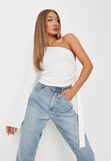 Missguided - White Rib Tie Side One Sleeve Crop Top | Missguided (US & CA)