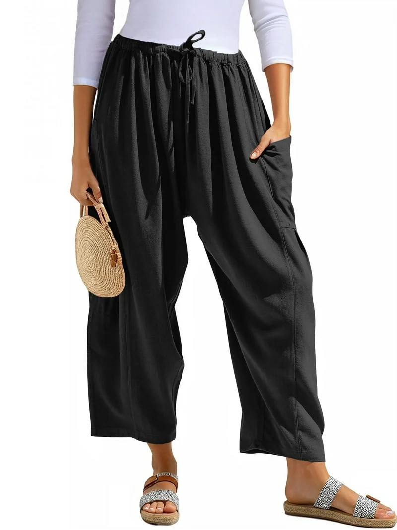 Airmenty Women Wide Leg Pants Summer Casual Low Waist Loose Drawstring Harem Pants Linen Beach Pa... | Walmart (US)