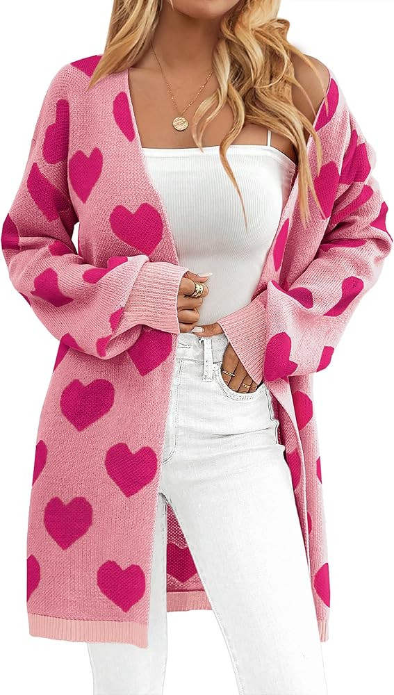 Womens Oversized Cute Heart Long Cardigan Spring 2025 Trendy Casual Ribbed Knit Open Front Sweate... | Amazon (US)