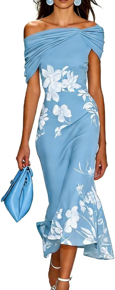 DEPENSL Elegant Bodycon Midi Dresses for Women Off Shoulder Floral Print Dress for Spring Summer ... | Amazon (US)