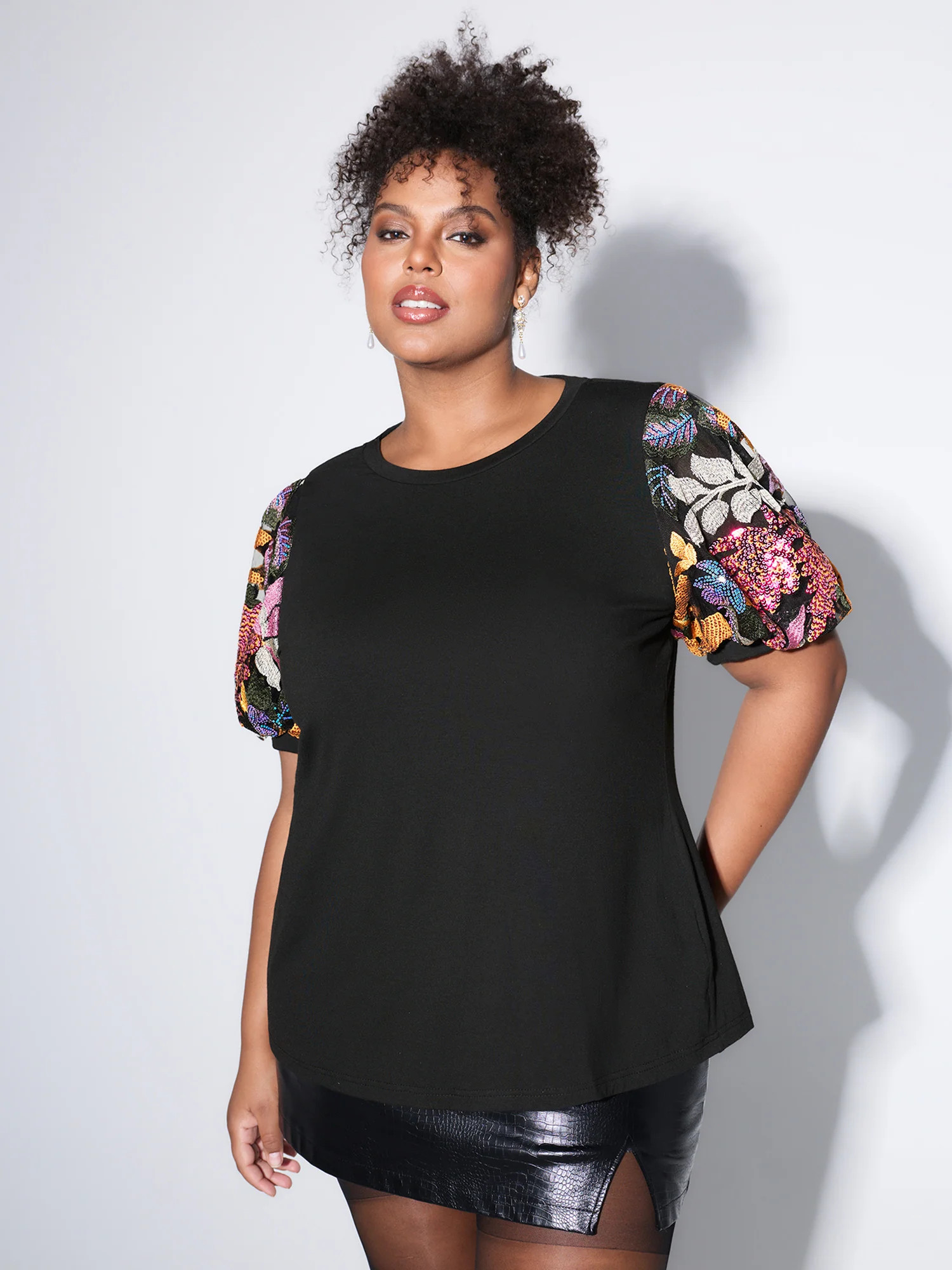 Floral Puffy Sleeve Color Contrast T-Shirt | Bloomchic