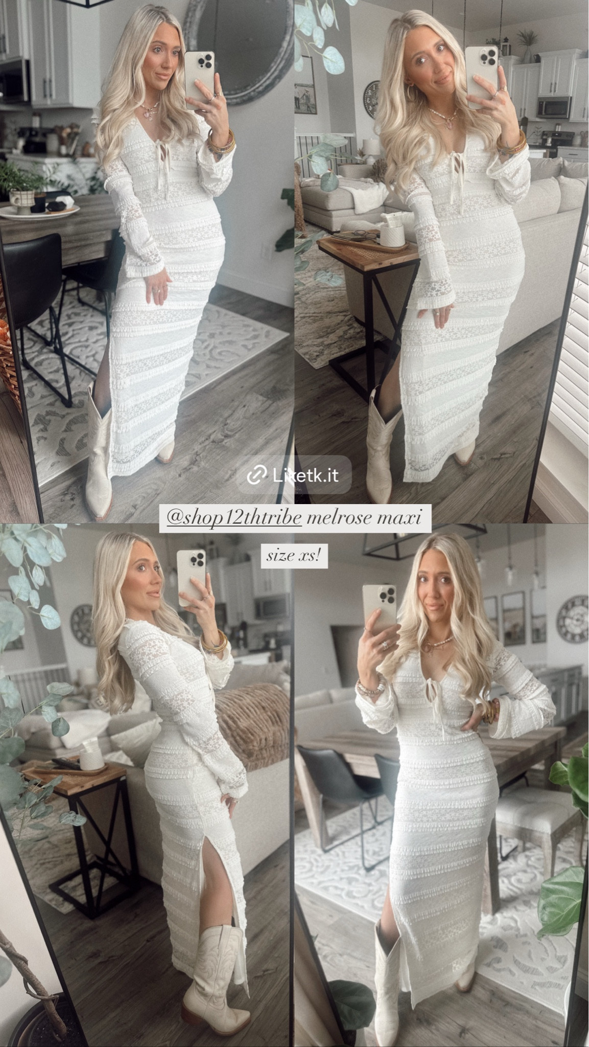 weekly best seller | valentines date night dress | photoshoot dress ivory white lace dress | family photos dress | shein dress dupe | house of co dress | family photos |
12th Tribe Dress Size XS! TTS

From hot girl summer to boho girl fall, the Melrose Ivory Long Sleeve Lace Maxi dress is giving us boho chic all year round. Made from a feminine lace material in a dreamy ivory color way, long bell sleeves and subtly sexy tie front closure, the Melrose dress is everything we want in a daytime maxi dress.

Comment SHOP below to receive a DM with the link to shop this post on my LTK ⬇ https://liketk.it/51Hv8 #ltkstyletip #ltkseasonal #ltkwedding

#LTKStyleTip #LTKWedding #LTKU