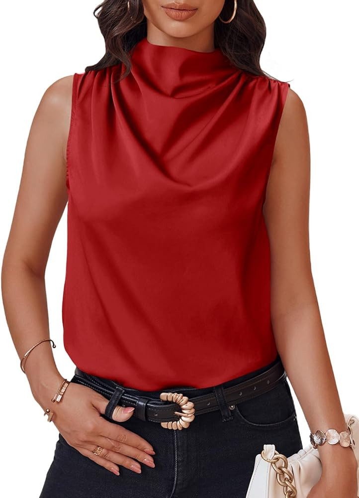 Cicy Bell Womens Mock Neck Satin Tank Tops Business Casual Work Ruched Blouses Summer Corporate O... | Amazon (US)