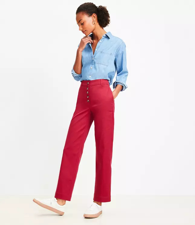 Button Front Straight Pants in Twill | LOFT