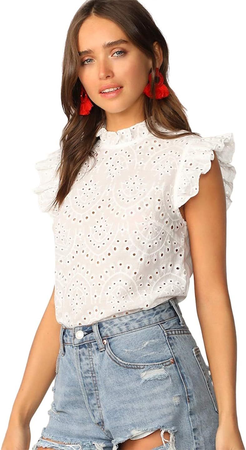 ROMWE Women's Sleeveless Ruffle Stand Collar Embroidery Button Slim Cotton Blouse Top | Amazon (US)
