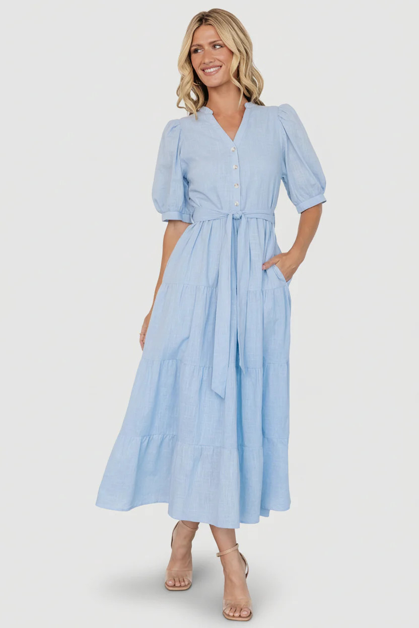 Camille Cotton Tiered Midi Dress in Light Blue | Baltic Born | Baltic Born
