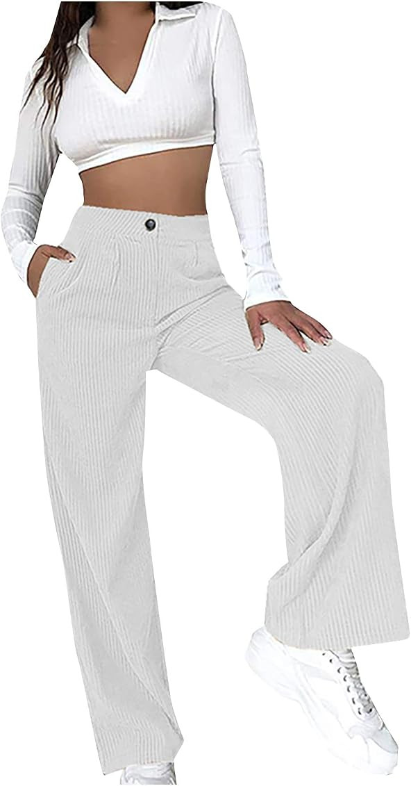 Women Corduroy Flare Pants Casual Corduroy Pants with Pocket Solid Corduroy Pants High Waist Bell... | Amazon (US)