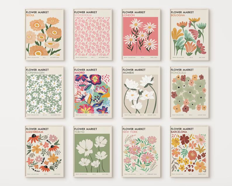 Set of 12 Flower Market Print, Botanical Wall Art, Printable Wall Art, Flower Market Poster, Bota... | Etsy (US)